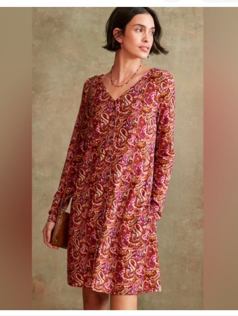 Garnet Hill pink orange brown paisley stretch V-neck long sleeve A-line dress XL